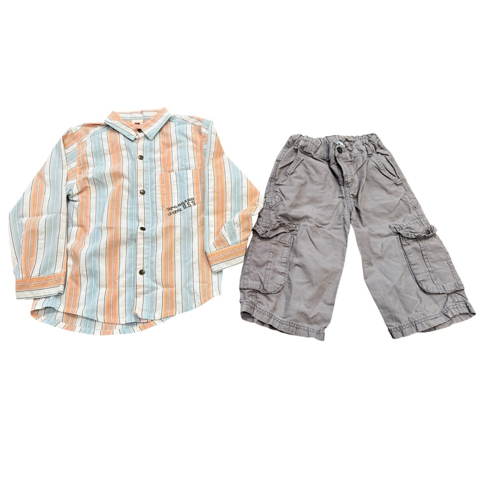 3 Pommes Boys Striped Button Down Shirt and Grey Cargo Pants Set Size 5